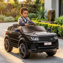 Voiture électrique noire pour enfants avec démarrage progressif batterie rechargeable carrosserie plastique brillante et accents chrome