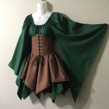 Costume cosplay elfe médiévale vert émeraude et marron avec corset à lacets, manches cape et jupe à volants pour fêtes médiévales