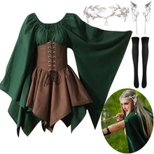 Costume cosplay elfe médiévale vert foncé et marron avec corset à lacets pour fêtes médiévales