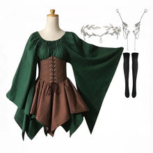 Robe costume elfe médiévale vert émeraude et marron avec corset à lacets cape fluide et ourlet asymétrique pour fêtes médiévales