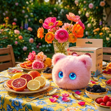 Peluche intelligent en forme de chat rose avec yeux bleus lumineux idéale comme idée cadeau pour enfant