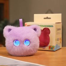 Peluche intelligent en forme dours lavande avec yeux bleus lumineux et boucle en tissu violet idée cadeau enfant