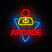 Enseigne néon led arcade usb avec contours rouges jaunes et bleus idéale pour décorer un espace gaming