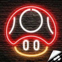Enseigne néon led gaming en rouge et blanc en forme de champignon souriant avec accents jaunes pour décoration murale