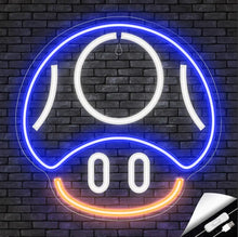 Enseigne néon led gaming bleu et blanc en forme de champignon souriant avec accents orange pour décoration murale