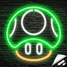 Enseigne néon led gaming verte et blanche en forme de champignon souriant avec sourire orange montée sur mur en brique