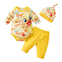 Ensemble 3 pcs bébé unisexe poussin composé d’un body manches longues, pantalon assorti et bonnet tricoté jaune