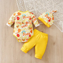 Ensemble 3 pcs bébé unisexe poussin avec body manches longues et pantalon assorti thème canard jaune doux coton