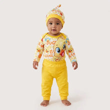 Ensemble 3 pcs bébé unisexe poussin avec tenue jaune motif canard et bonnet assorti en coton doux