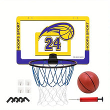 Ensemble basket-ball sport domicile avec panneau jaune et violet 24 logo anneau noir filet bleu maillage blanc ballon rouge pompe idéal magasins de jouets