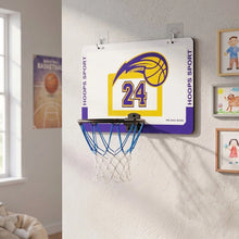 Ensemble basket-ball sport domicile avec panneau violet et blanc, logo jaune 24, et filet bleu sur le cercle
