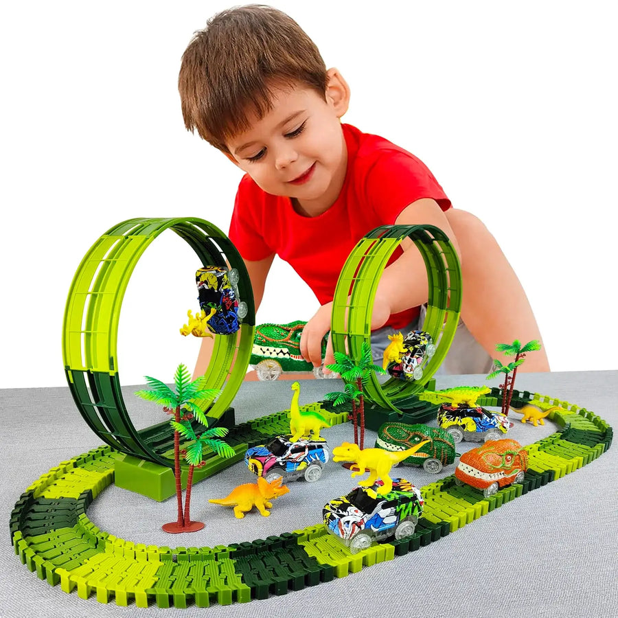 Circuit Dinosaure EagleStone 194 Pièces – Pistes Flexibles, 2 Voitures LED, Pont, Figurines – Cadeau Garçon/fille 3-8 Ans