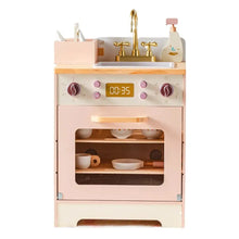 Ensemble jouets cuisine pour enfants avec cuisine jouet enfant en bois rose pastel, robinet doré et minuterie digitale