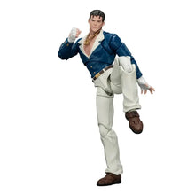 Figurine équipe arts martiaux 1/18 homme bleu et blanc en pose de combat avec chaussures marron et chaîne dorée