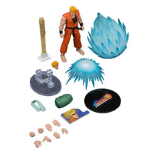 Figurine équipe arts martiaux 1/18 tenue orange et noire cheveux blonds accessoires staff mains tête effet énergie bleue