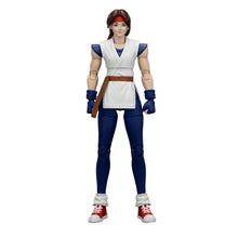 Figurine équipe arts martiaux 1/18 femme cheveux marron tenue blanche et bleue avec bandeau et gants rouges