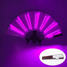Éventail lumineux led violet avec cadre noir et lames en bois équipé de piles cr2032 incluses pour éclairage led