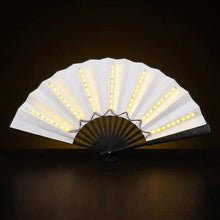 Éventail lumineux led blanc avec accents noirs et or éclairage led piles cr2032 incluses pour fêtes et spectacles