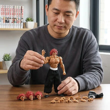 Figurine yujiro hanma bakI avec cheveux rouges en piques corps sculpté marron pantalon noir et ceinture blanche mains interchangeables