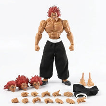 Figurine yujiro hanma musculaire avec cheveux rouges en pointe corps plastique tan et pantalons noirs mains interchangeables