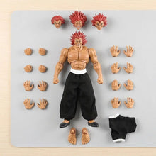 Figurine yujiro hanma musclée avec cheveux rouges en pics et pantalons noirs avec mains interchangeables