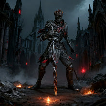 Figurine dark souls 3 lords of cinder représentant un guerrier squelette menaçant en armure noire et rouge avec une épée lumineuse