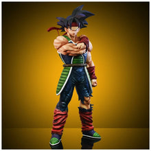 Figurine dragon ball z bardock 24cm avec cheveux noirs en pics bandeau rouge tenue de combat bleue verte déchirée