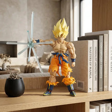 Figurine dragon ball z super saiyan goku avec cheveux dorés, armure détaillée et gi orange et bleu sculpté