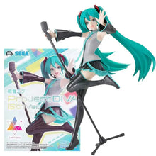 Figurine hatsune miku projet diva 15thver avec cheveux teal, gants noirs, bottes cuissardes et micro sur pied