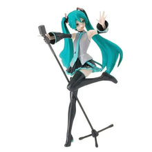 Figurine hatsune miku projet diva 15thver avec cheveux bleu sarcelle tenue noire et argent micro sur pied