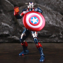 Figurine marvel iron patriot 17cm en armure bleue, rouge, argent avec un bouclier circulaire aux anneaux concentriques rouge, blanc, bleu et étoile centrale
