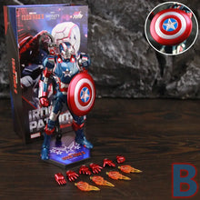 Figurine marvel iron patriot 17cm en armure bleue rouge et argent tenant un bouclier circulaire aux anneaux concentriques rouge blanc bleu