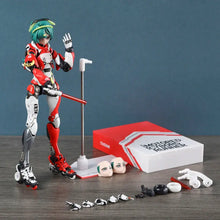 Figurine shojo-hatsudoki cyborg runner rouge et blanc avec cheveux verts en combinaison futuriste et rollers
