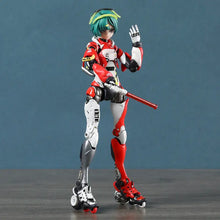 Figurine shojo-hatsudoki cyborg runner en armure rouge blanc et noir avec cheveux teal et patins à roulettes