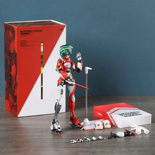 Figurine shojo-hatsudoki cyborg runner avec cheveux teal, membres métalliques rouges et blancs en rollers motorisés