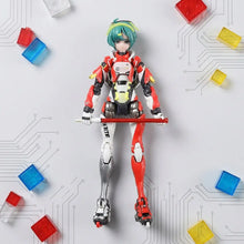 Figurine shojo-hatsudoki cyborg runner en armure rouge blanc noir avec cheveux verts et roulettes aux pieds