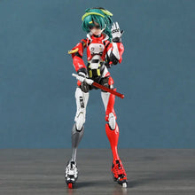 Figurine shojo-hatsudoki cyborg runner avec armure rouge blanche et noire, cheveux teal, rollers aux pieds