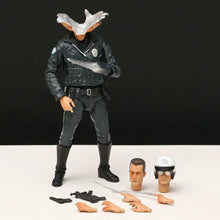 Figurine terminator 2 judgment day de policier noir aux cheveux gris avec uniformes détaillés et têtes interchangeables