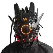 Masque futuriste lumineux noir avec visière orange circulaire lumineuse et accents leds rouges pour halloween