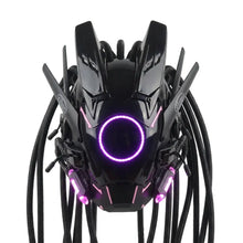 Masque futuriste lumineux noir avec lumière violette centrale et câbles rose pour futuriste lumineux halloween