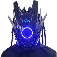 Masque futuriste lumineux noir avec lumière bleue circulaire centrale et design angulaire pour futuriste lumineux halloween