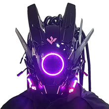 Masque futuriste lumineux noir avec lumière violette circulaire au centre design mécanique angulaire pour halloween