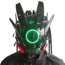 Masque futuriste lumineux halloween noir avec verre oculaire circulaire vert lumineux et détails leds rouges angulaires