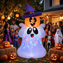 Décoration gonflable fantôme citrouille halloween 5 pieds avec led blanc lumineux orange et chapeau violet