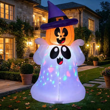 Décoration gonflable fantôme citrouille halloween 5 pieds avec led lumineuse blanche et citrouille orange chapeau violet