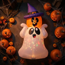 Décoration gonflable fantôme citrouille halloween 5 pieds avec led blanc lumineux et chapeau de sorcière violet