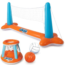 Set gonflable volley et basket pour piscine orange et bleu avec filet, panier et balles pour jeux d’eau