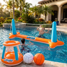 Set gonflable volley et basket pour piscine en orange et bleu avec logo joyin pour jeux d’eau et volley gonflable