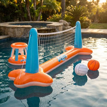 Set gonflable volley gonflable orange et bleu pour piscine avec filet terrain et tabouret pour jeux d’eau