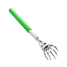 Gratte-dos main squelette vert avec doigts métalliques argentés style squelette pour massage et détente